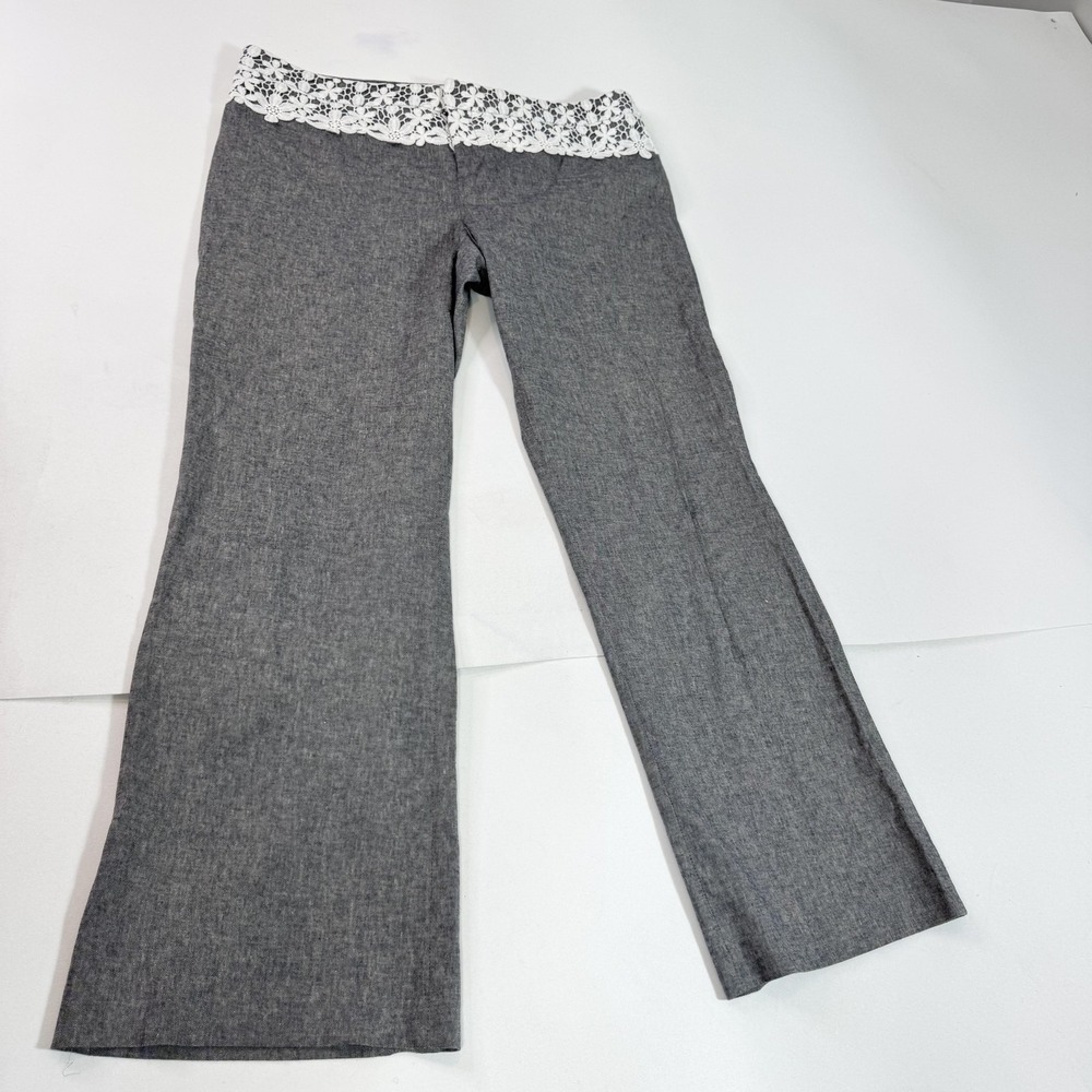 J. Peterman Pants Womens 20 Gray Linen Blend Floral Lace Waist Dressy Stretch